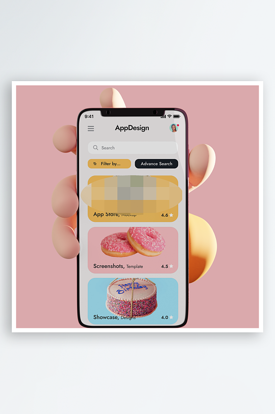 3D可爱卡通小手手持手机APP界面样机-众图网