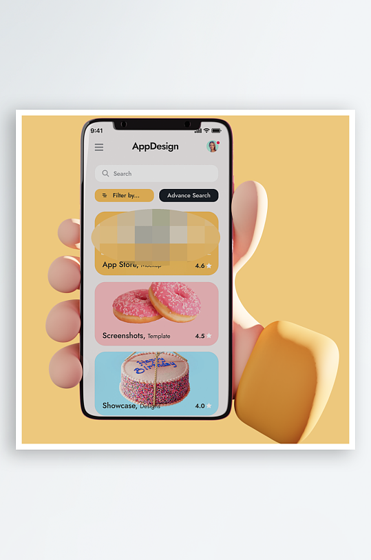 3D可爱卡通小手手持手机APP界面样机-众图网
