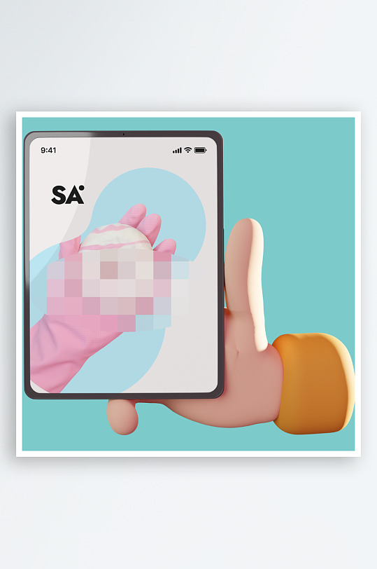 3D可爱卡通小手手持手机APP界面样机-众图网