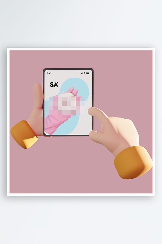 3D可爱卡通小手手持手机APP界面样机-众图网