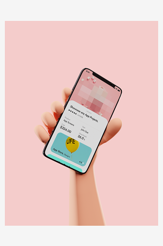 3D可爱卡通小手手持手机APP界面样机-众图网