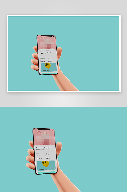 3D可爱卡通小手手持手机APP界面样机-众图网