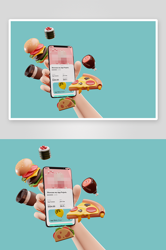 3D可爱卡通小手手持手机APP界面样机-众图网