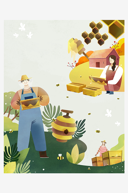 养蜂人采蜜卡通插画-众图网