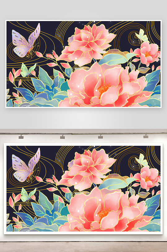 中式花卉风景画装饰画-众图网