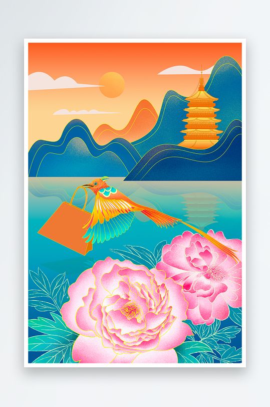 古风唯美花卉风景画插画-众图网