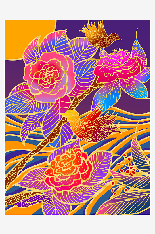 古风花卉风景画插画素材-众图网