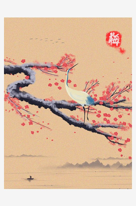 古风花卉风景画插画素材-众图网