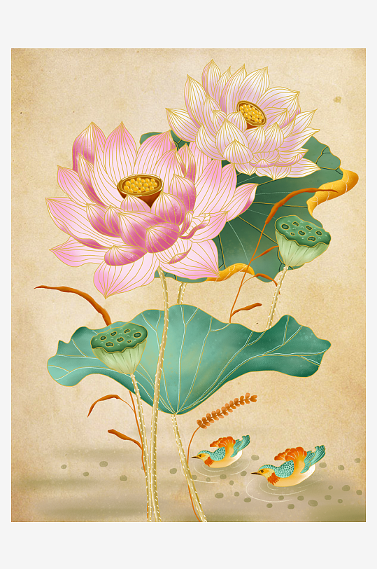 古风花卉风景画插画素材-众图网