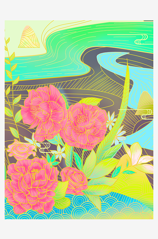 古风花卉风景画插画-众图网