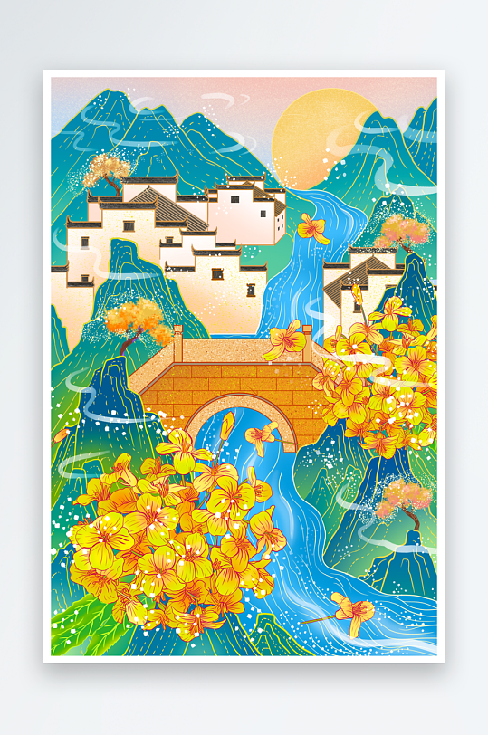 古风花卉风景画插画-众图网