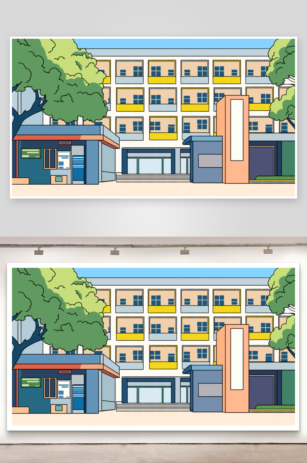 简笔插画场景学校门口素材