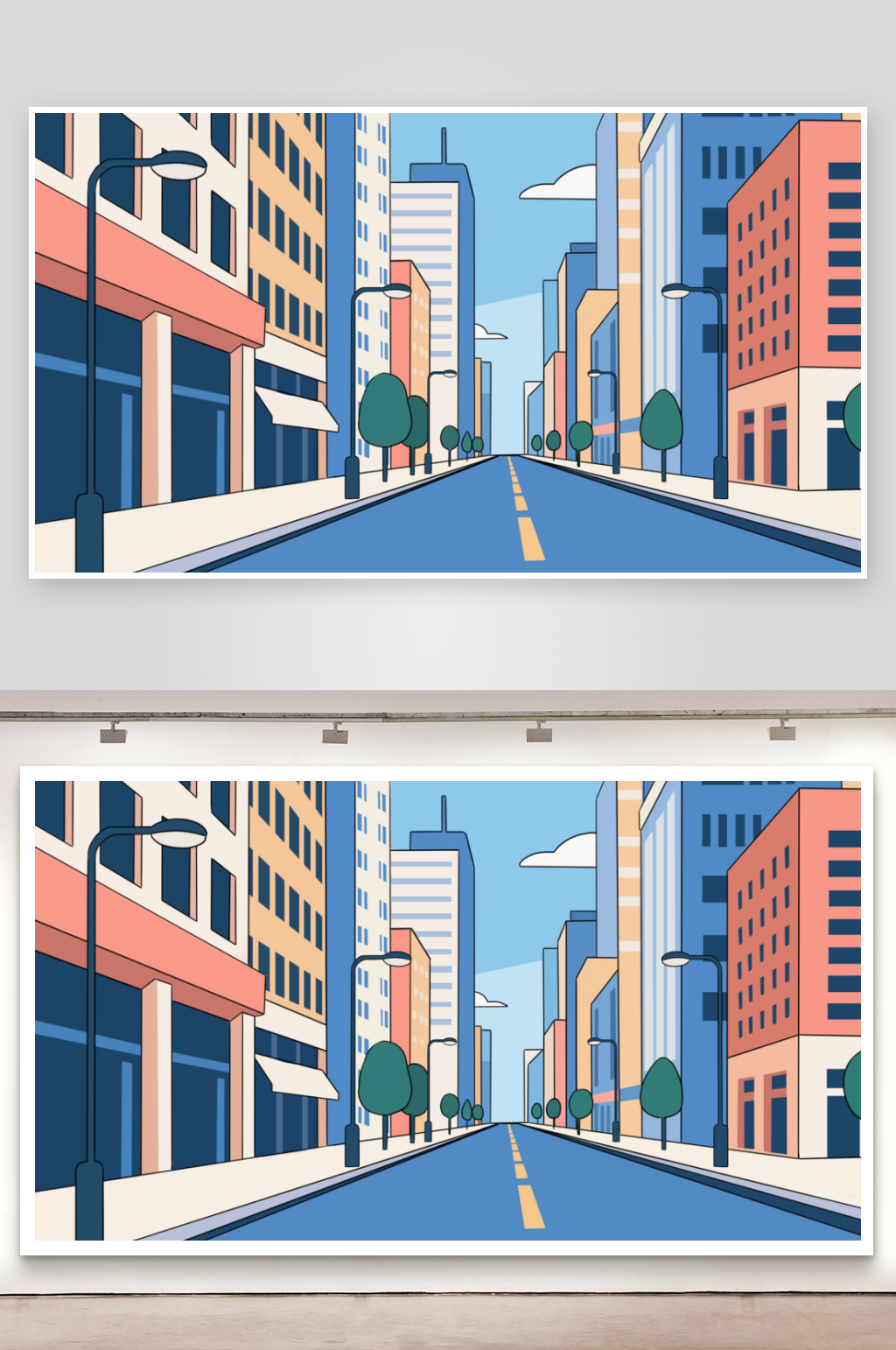 简笔插画场景现代街道正视图素材