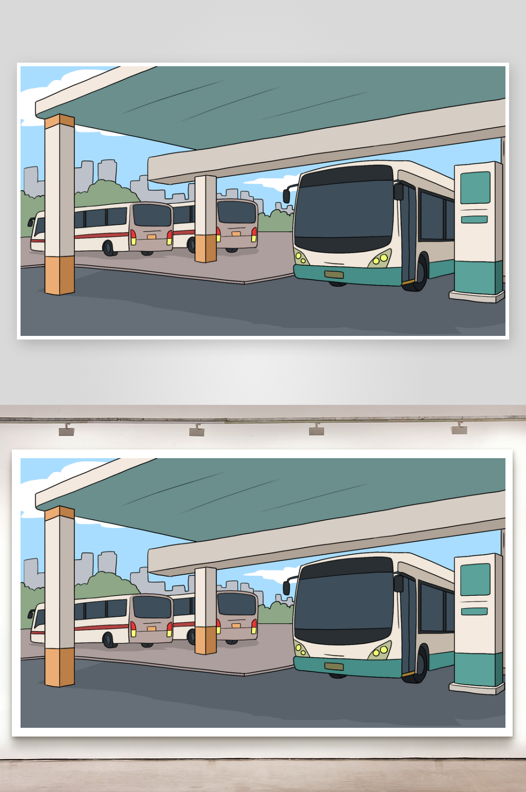 简笔插画场景汽车站素材
