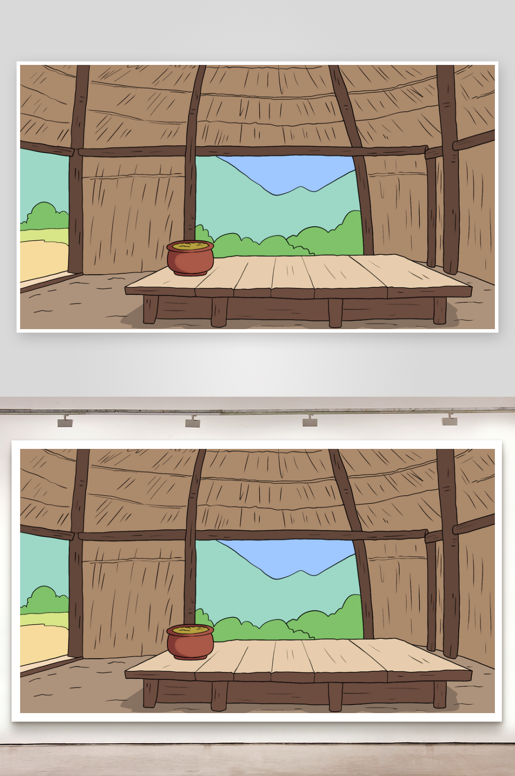 简笔插画场景茅草屋内景素材