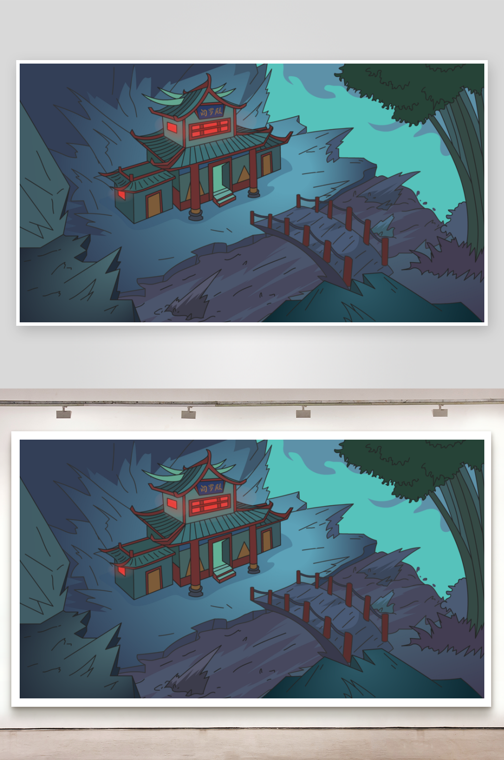 简笔插画场景阎罗殿外景素材