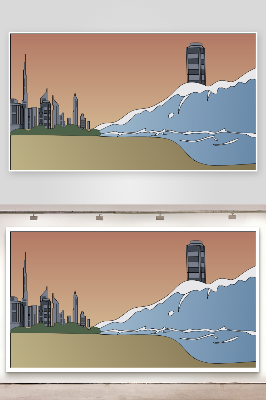简笔插画场景末日场景海啸素材