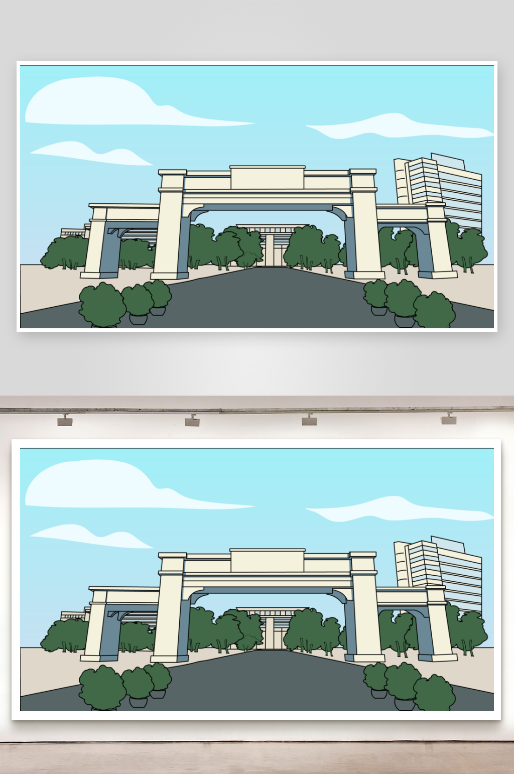 简笔插画场景大学门口素材