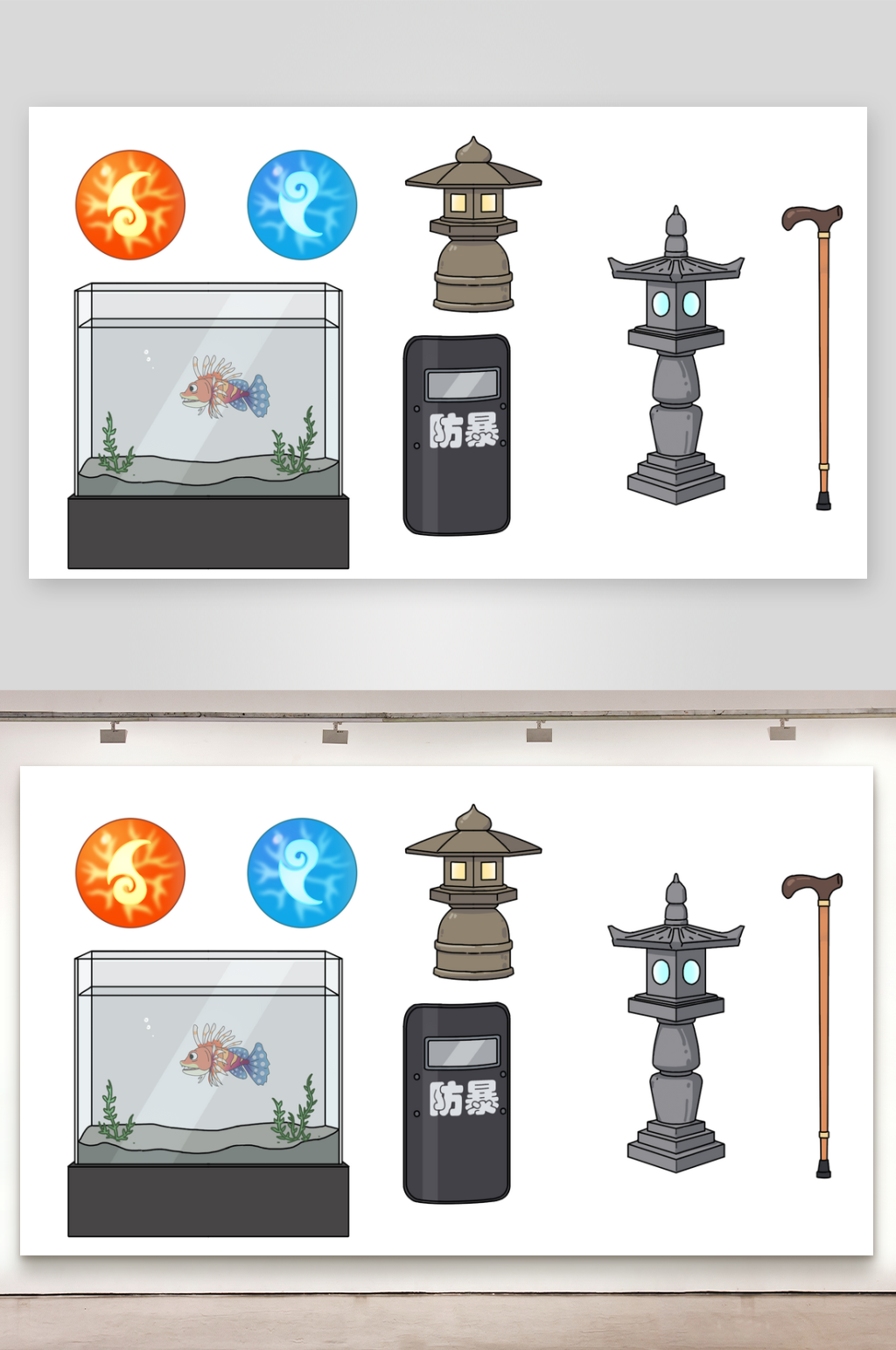 简笔插画物品魔丸灵珠鱼缸防爆盾石素材