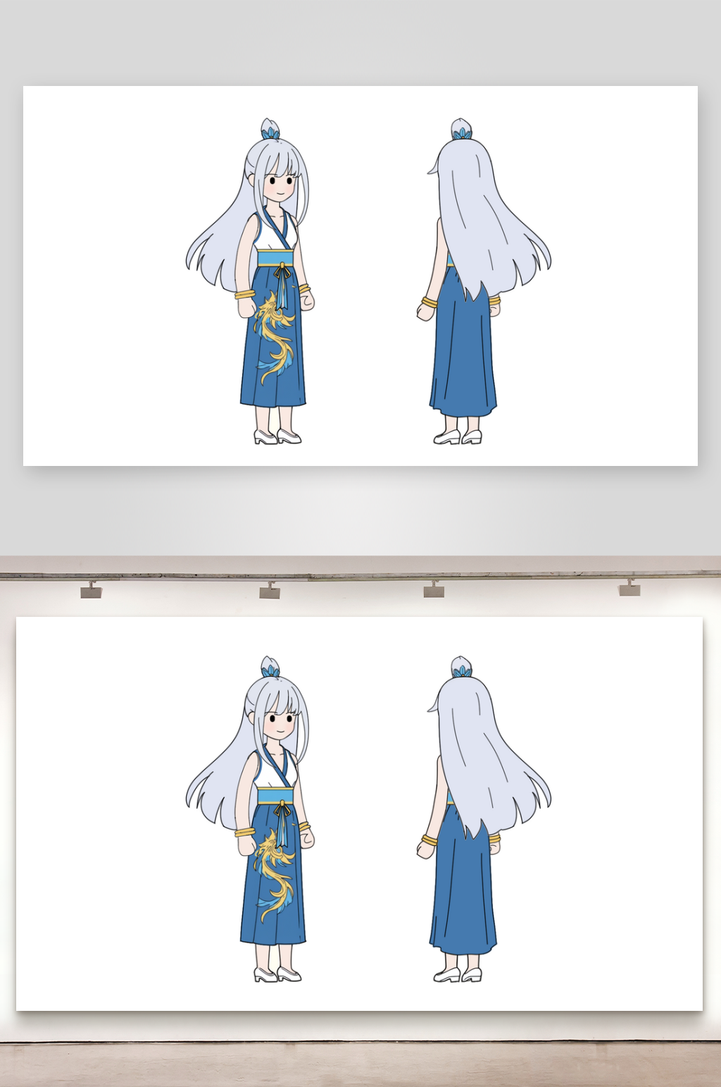 简笔画修仙角色白发蓝裙女素材