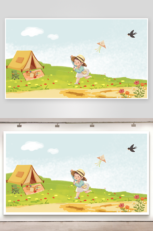 春季踏青女孩风筝暖色卡通背景