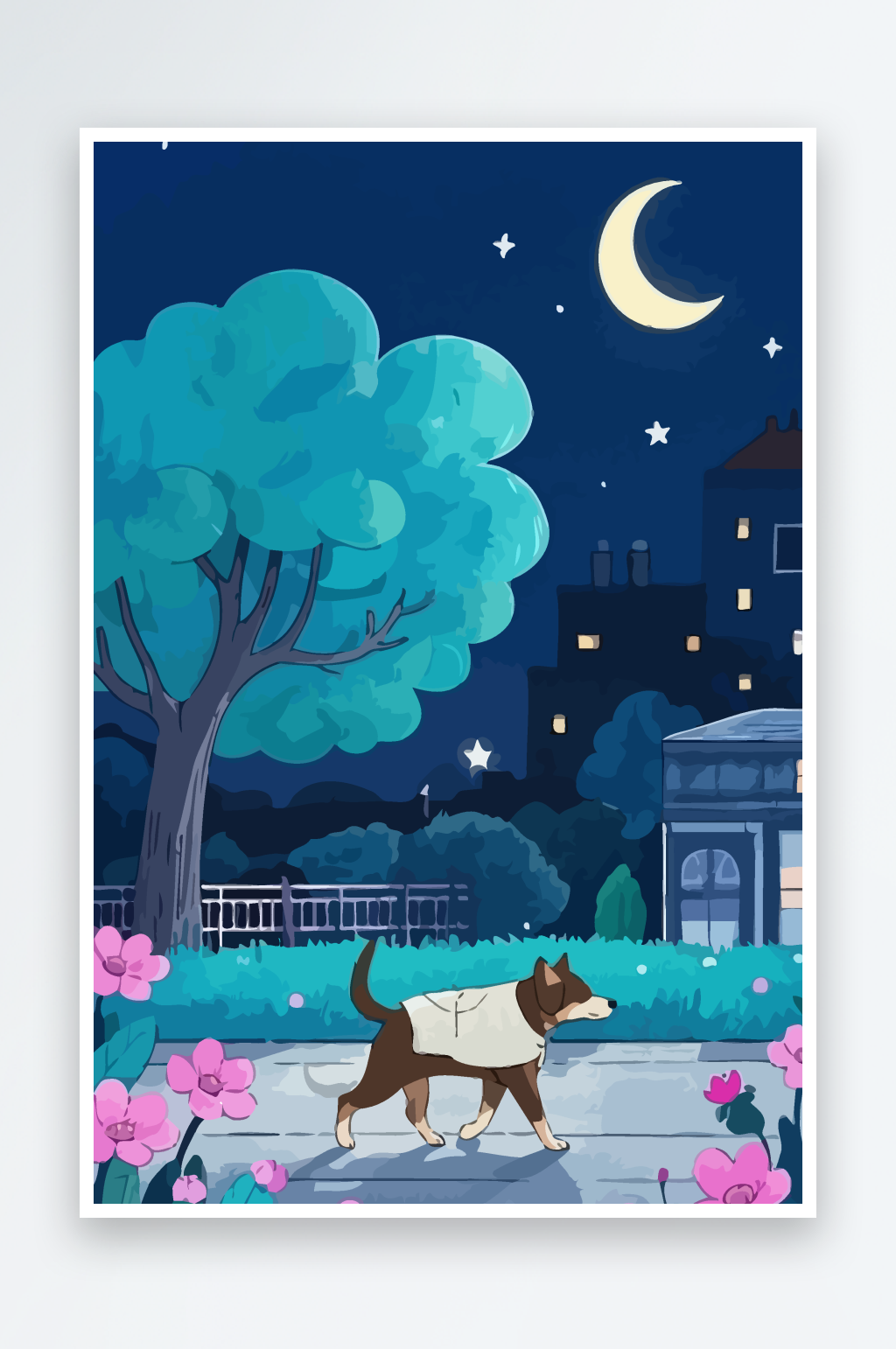 城市夜景小狗矢量插画图形元素素材