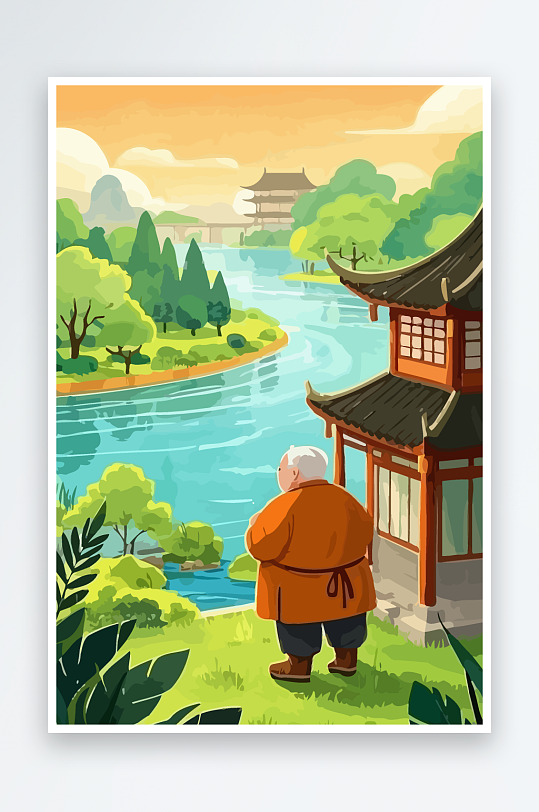 老人建筑风景图标插画元素-众图网