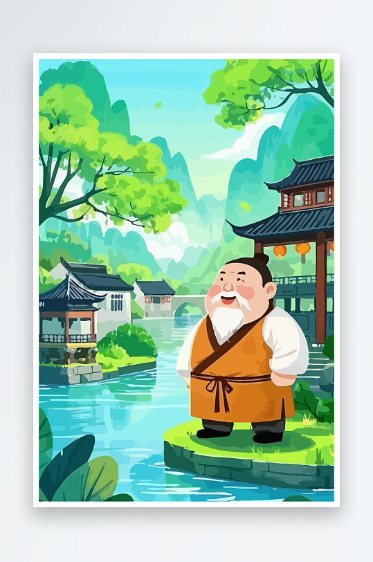 老人建筑风景图标插画-众图网