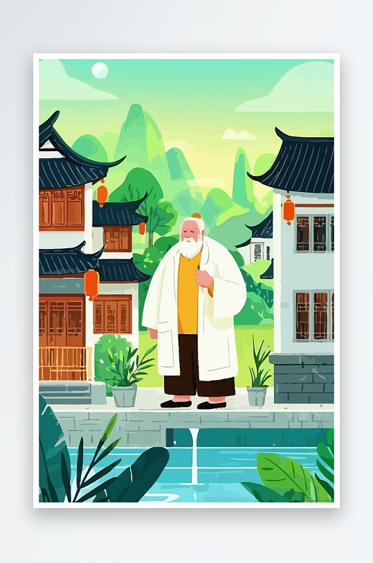 老人建筑风景图标插画-众图网