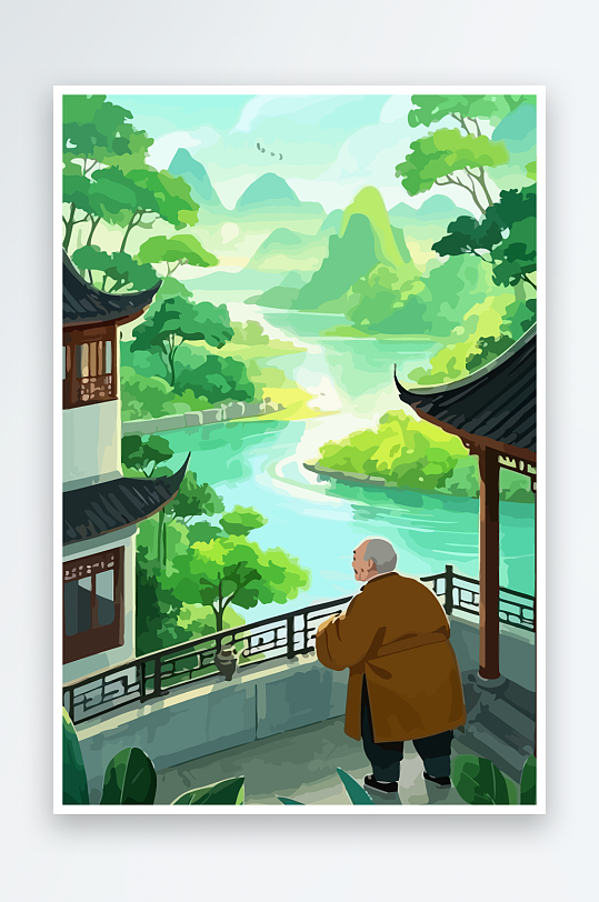 老人建筑风景图标插画-众图网