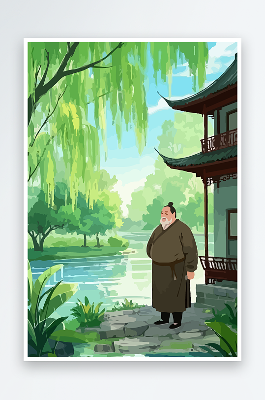 老人建筑风景图标插画-众图网