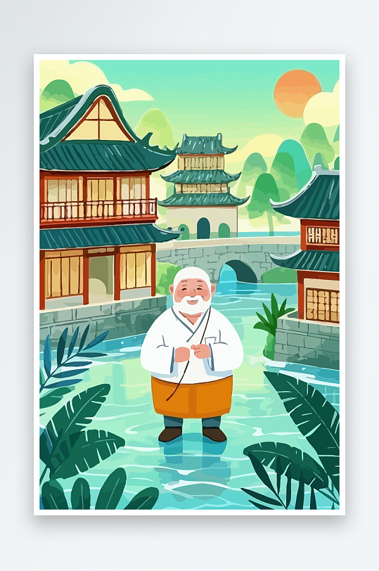 老人建筑风景图标插画元素-众图网