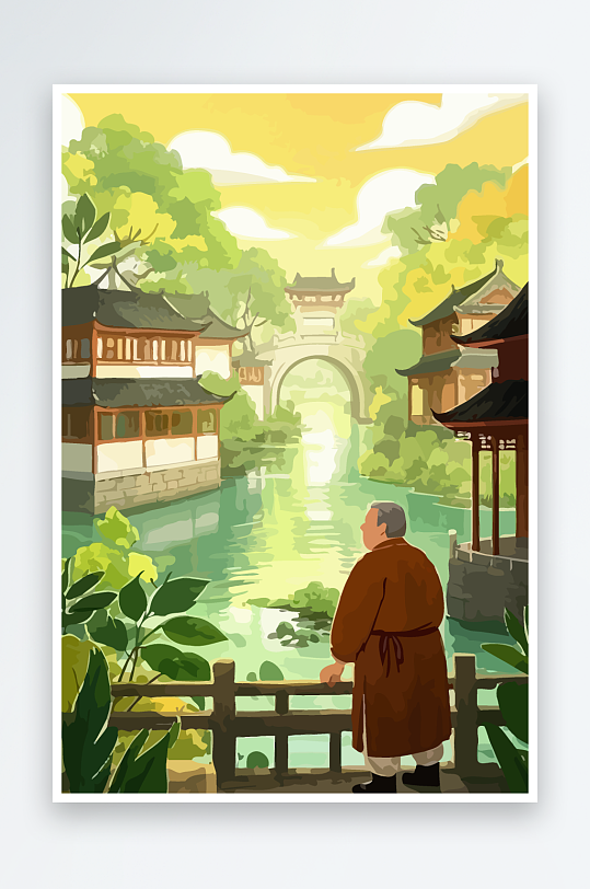 老人建筑风景图标插画元素-众图网