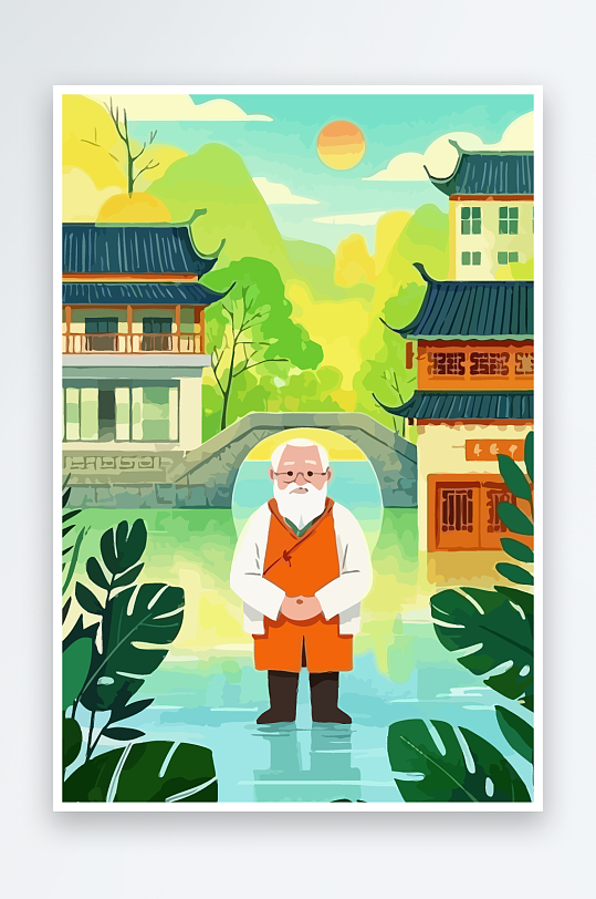 老人建筑风景图标插画元素-众图网