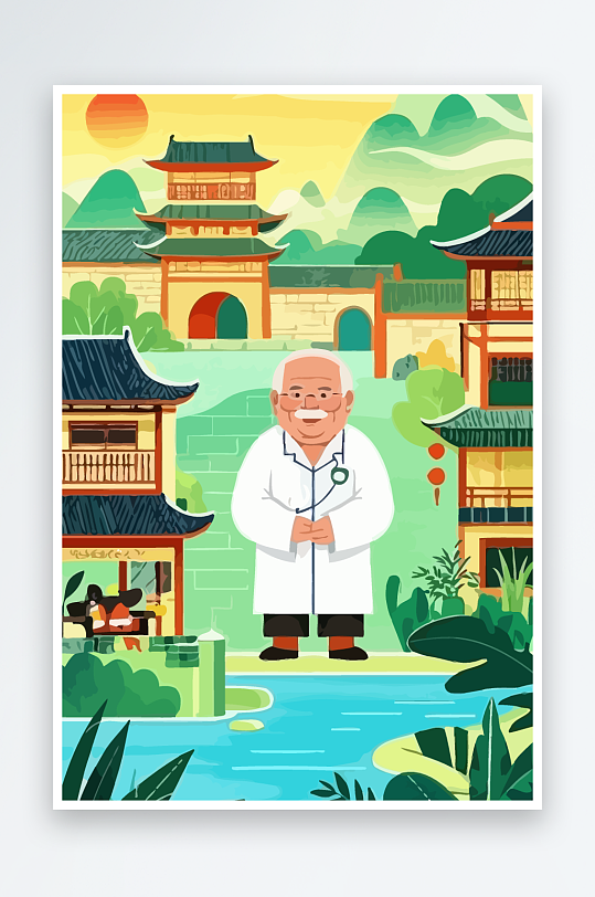 老人建筑风景图标插画-众图网