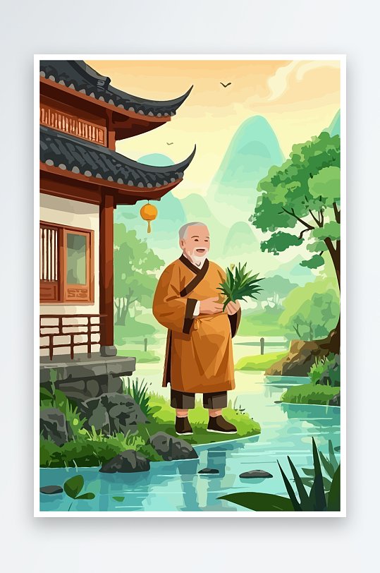 老人建筑风景图标插画元素-众图网