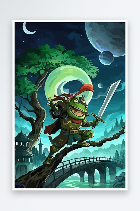 青蛙战士夜景图标插画-众图网
