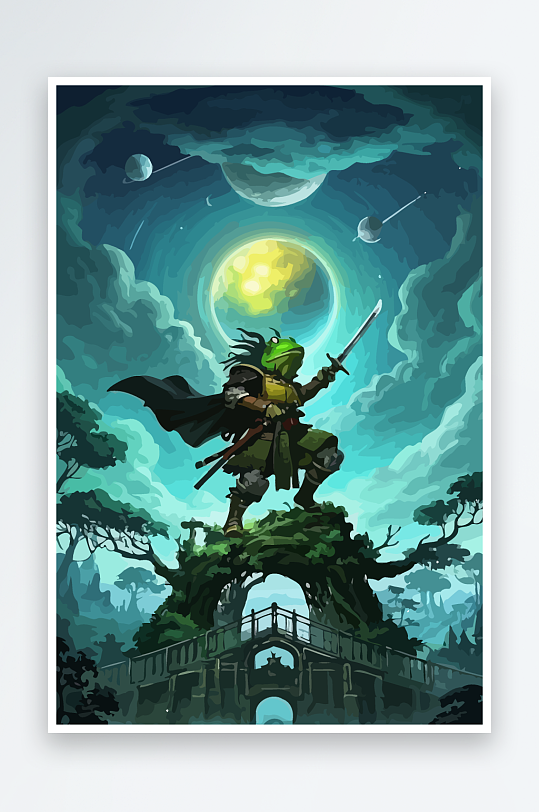 青蛙战士夜景图标插画-众图网