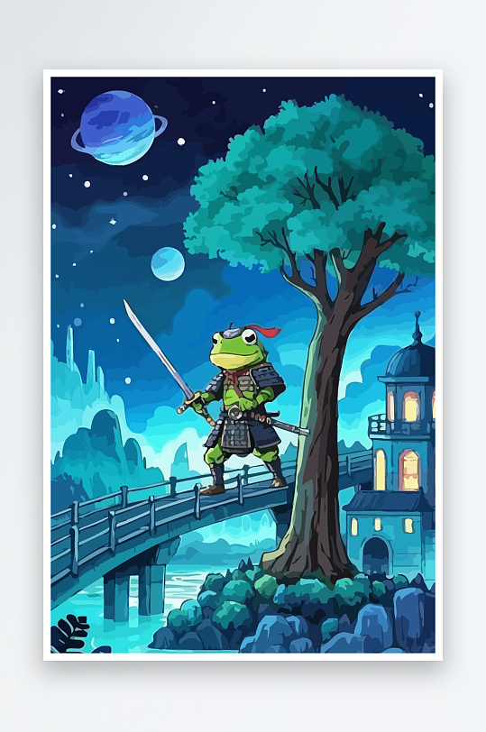 青蛙战士夜景图标插画元素-众图网