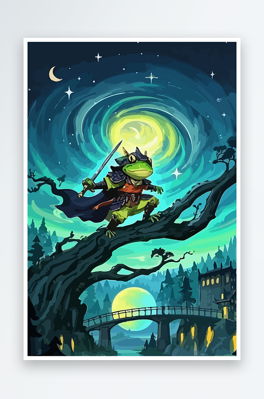 青蛙战士夜景图标插画-众图网