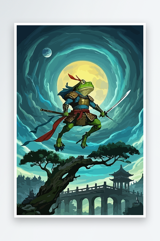 青蛙战士夜景图标插画-众图网