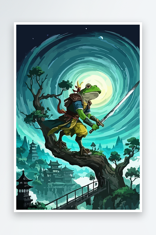 青蛙战士夜景图标插画-众图网