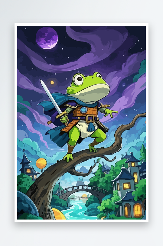 青蛙战士夜景图标插画-众图网