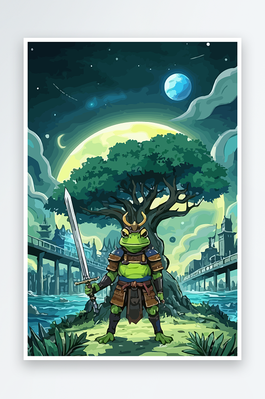青蛙战士夜景图标插画-众图网