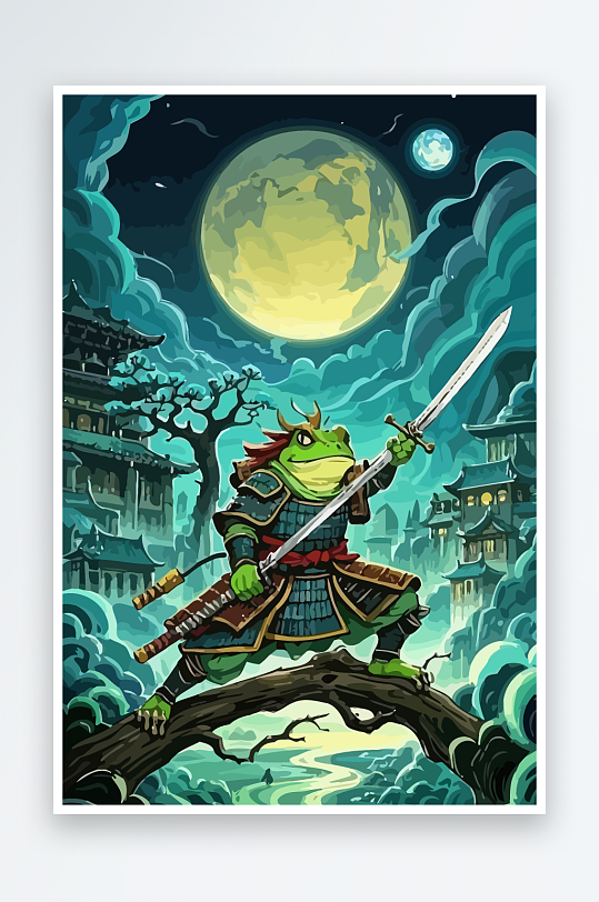 青蛙战士夜景图标插画-众图网