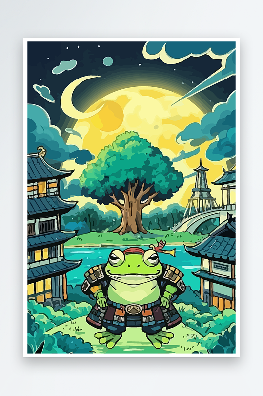 青蛙战士夜景图标插画-众图网