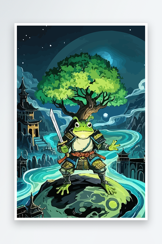 青蛙战士夜景图标插画-众图网