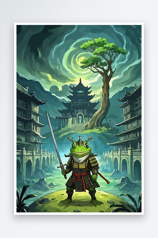 青蛙战士夜景图标插画-众图网