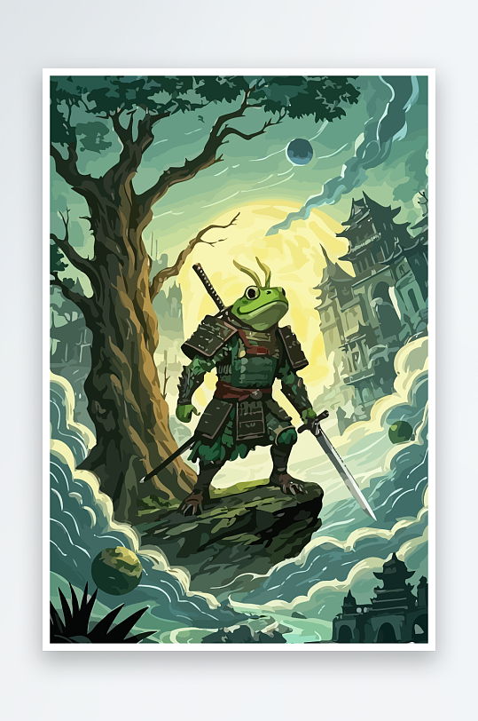 青蛙战士夜景图标插画-众图网