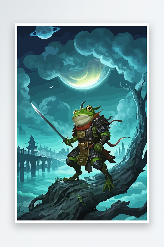 青蛙战士夜景图标插画-众图网